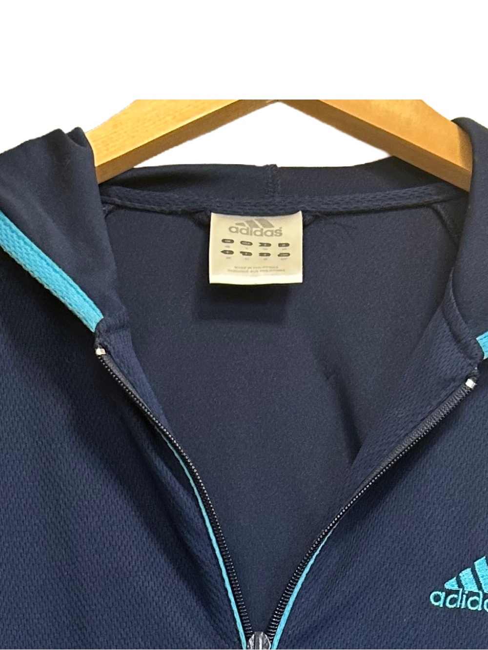 Vintage Y2K Adidas Navy Hooded Track Jacket Aqua Turquoise Stripes 2005 Small S - Picture 2 of 4
